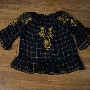 Neiman Marcus Navy Yellow Plaid Embroidered Women's Long sleeve Top Size M